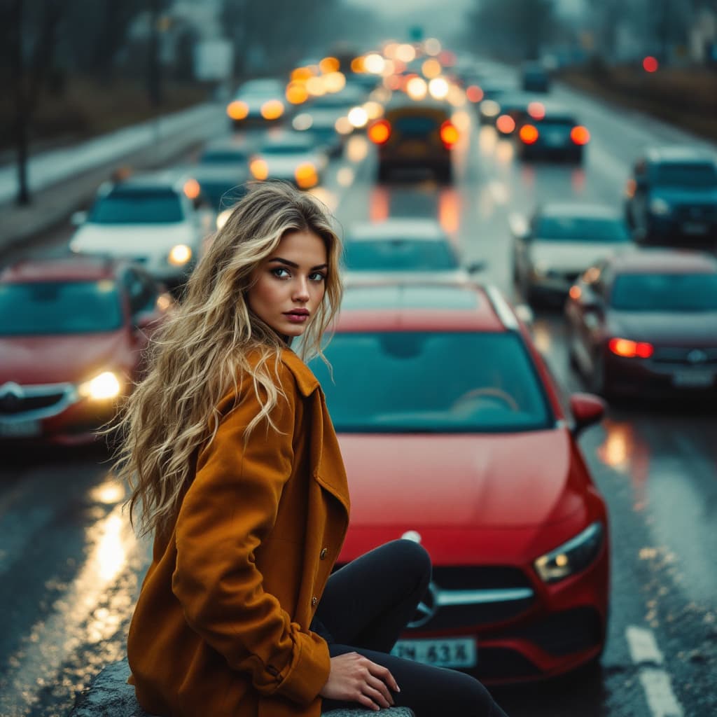 AI generated: woman with blond hair sitting on a red mercedes-benz car root,stucked in heavy traffic jam on a high...