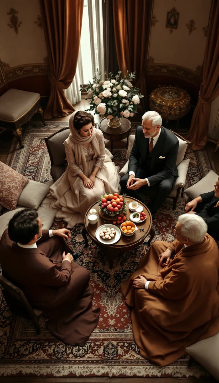 AI generated: high angle shot, traditional Iranian engagement gathering in a warm and nostalgic 1950s setting. The...