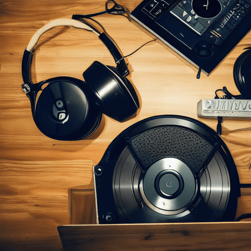 AI generated: Dj, vynil, headphones, on stage