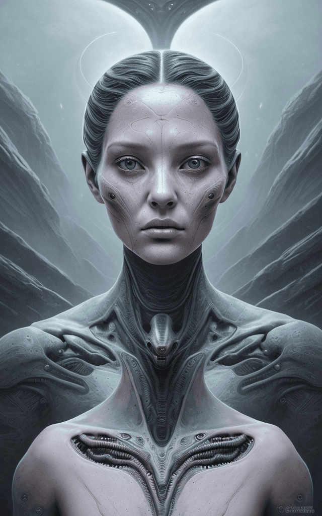 AI generated: alien art and illustration, balanced asymmetrical, detailed facial features, meticulous portraiture,...