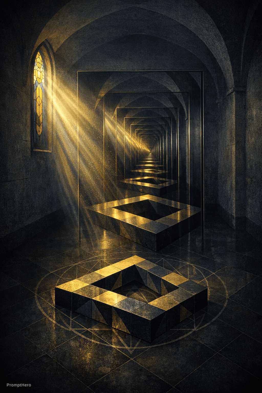 AI generated: ultra-minimalist optical illusion, infinite mirror corridor inside an empty monastic room, geometric...