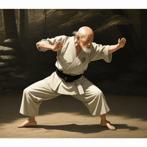 AI generated: A lifelike old japanese man practicing martial arts in a beautiful outdoor forest scene, (eyes close...