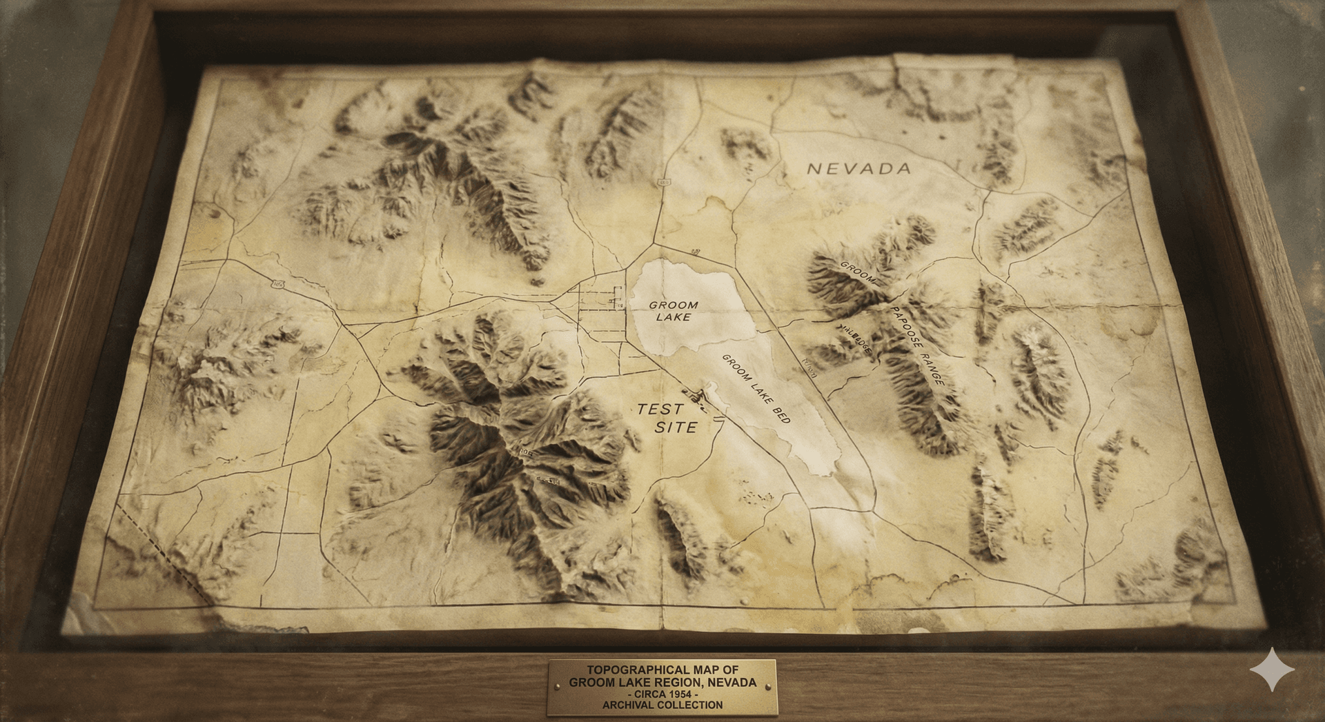 AI generated: A vintage, archival-quality physical 3D relief map of the Area 51 region (Groom Lake, Nevada), circa...
