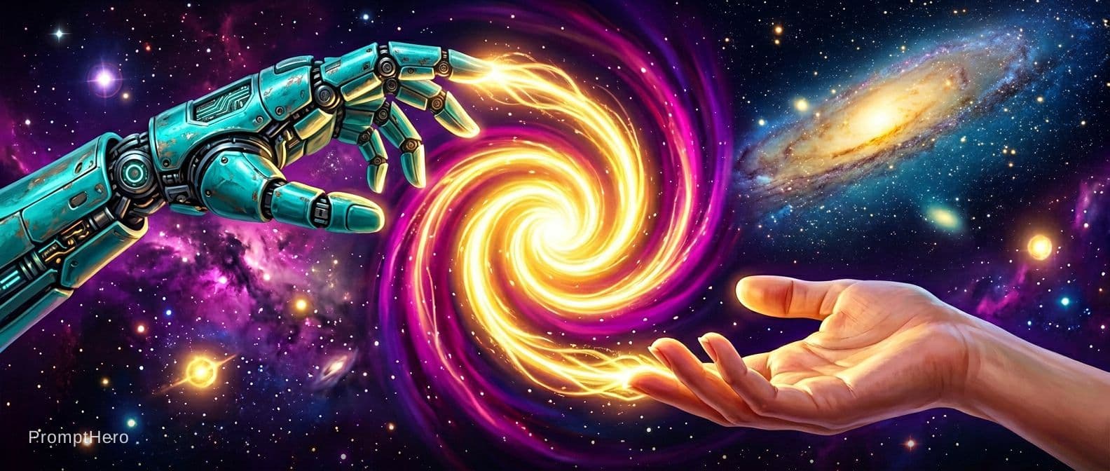 AI generated: 2 Hands. Hand 1: Robot hand, colour turquois metal, relaxed open, palm downward. Hand 2: Human, fema...