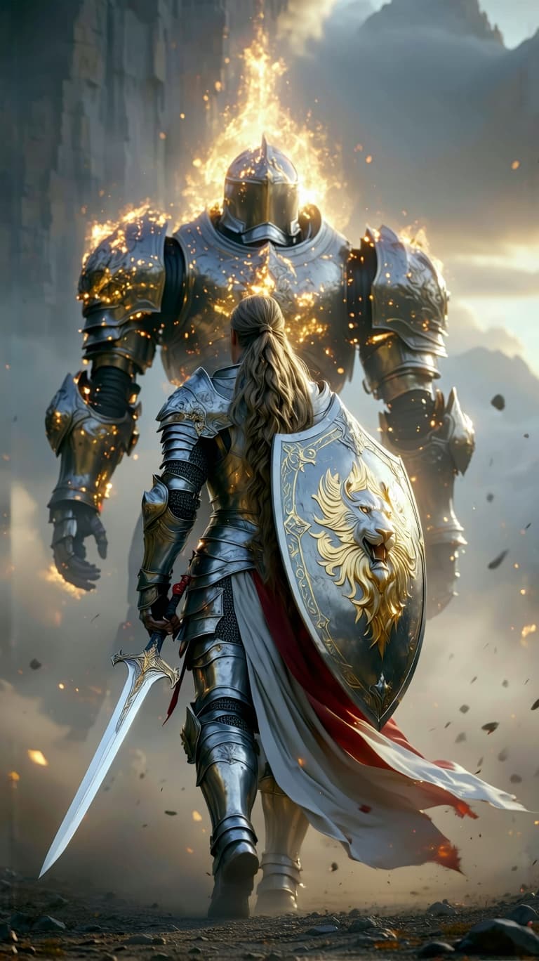 AI generated: An ultra-realistic, zoomed out, front facing, full-body portrait of a noble Paladin in gleaming silv...