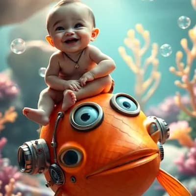 AI generated video: happy kid is enjoying fish ride , fish is moving round and round , up down , moving eyes