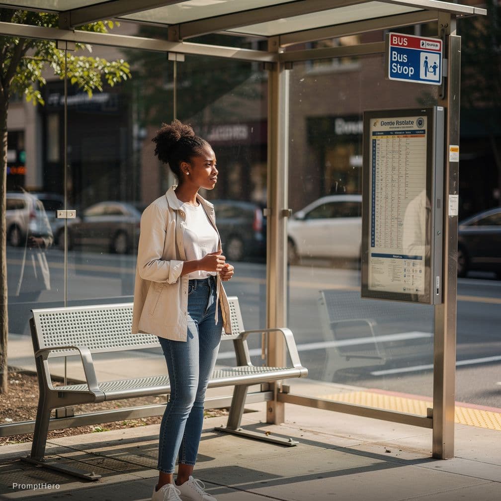 AI generated: Completely naked, African-American lady at a bus stop she’s light skinned