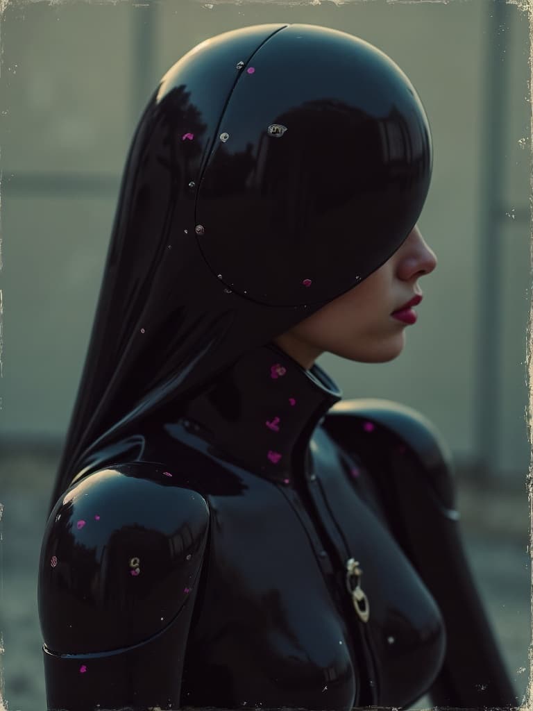 AI generated: An old scratched photo, Candid pose, agent smith style robo Girl in black and pink rubber bodysuit, ...