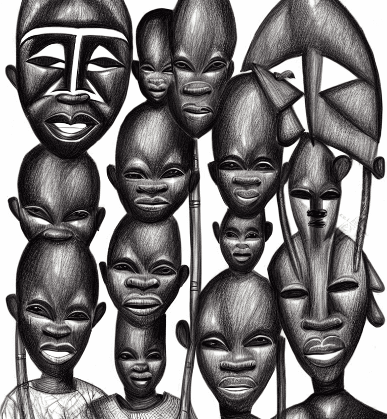 AI generated: African family with traditional masks, pencil drawing, very badly designed, drawing made by a madman...