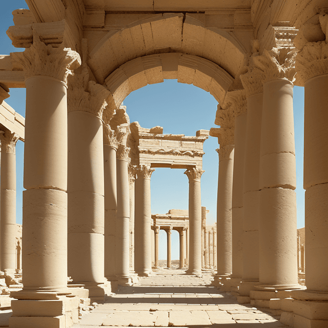 AI generated: Monumental arch on the Grand Colonnade, Palmyra, Syria, alien ruins, blurred, soft light, golden rat...