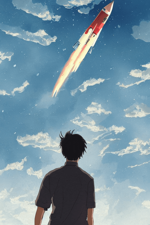 AI generated: a highly detailed matte painting of a man on a hill watching a rocket launch in the distance by stud...