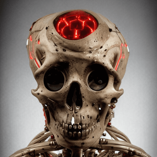 AI generated: A human cyborg skull with skin made of metal plating and rivets, suspended from cables, centered in ...