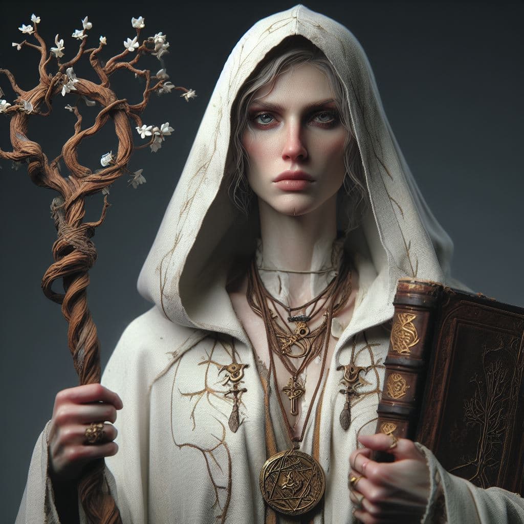 AI generated: Ultra-detailed cleric, very skinny, with serious, determined, fanatic look on face, dirty white cloa...