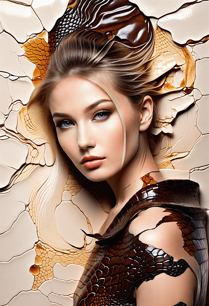 AI generated: The image is a digital artwork of a woman with porcelain skin and striking blue eyes. She is adorned...