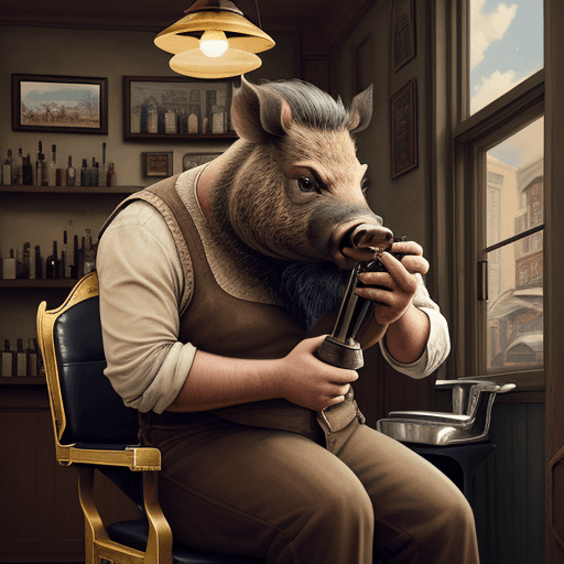 AI generated: Boar sitting in a chair in a vintage barbershop, human barber cuts his hair, soft light, digital art...