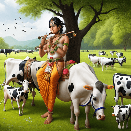 AI generated: High resolution photography Lord krishna playing flute and cows are grazing behing. Geenery all arou...