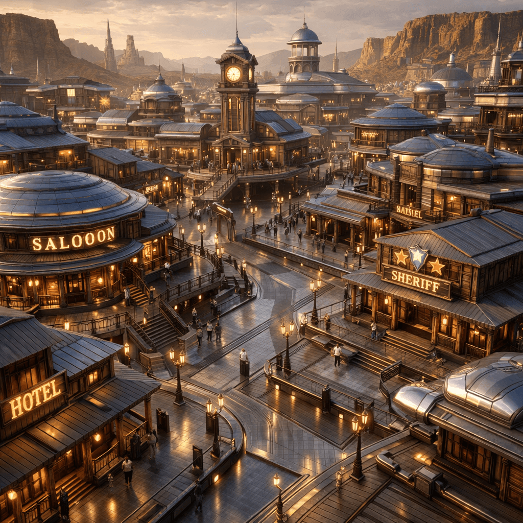 AI generated: Display an aerial view of a sleek, futuristic Old American Western City, a reminder of the rough ter...