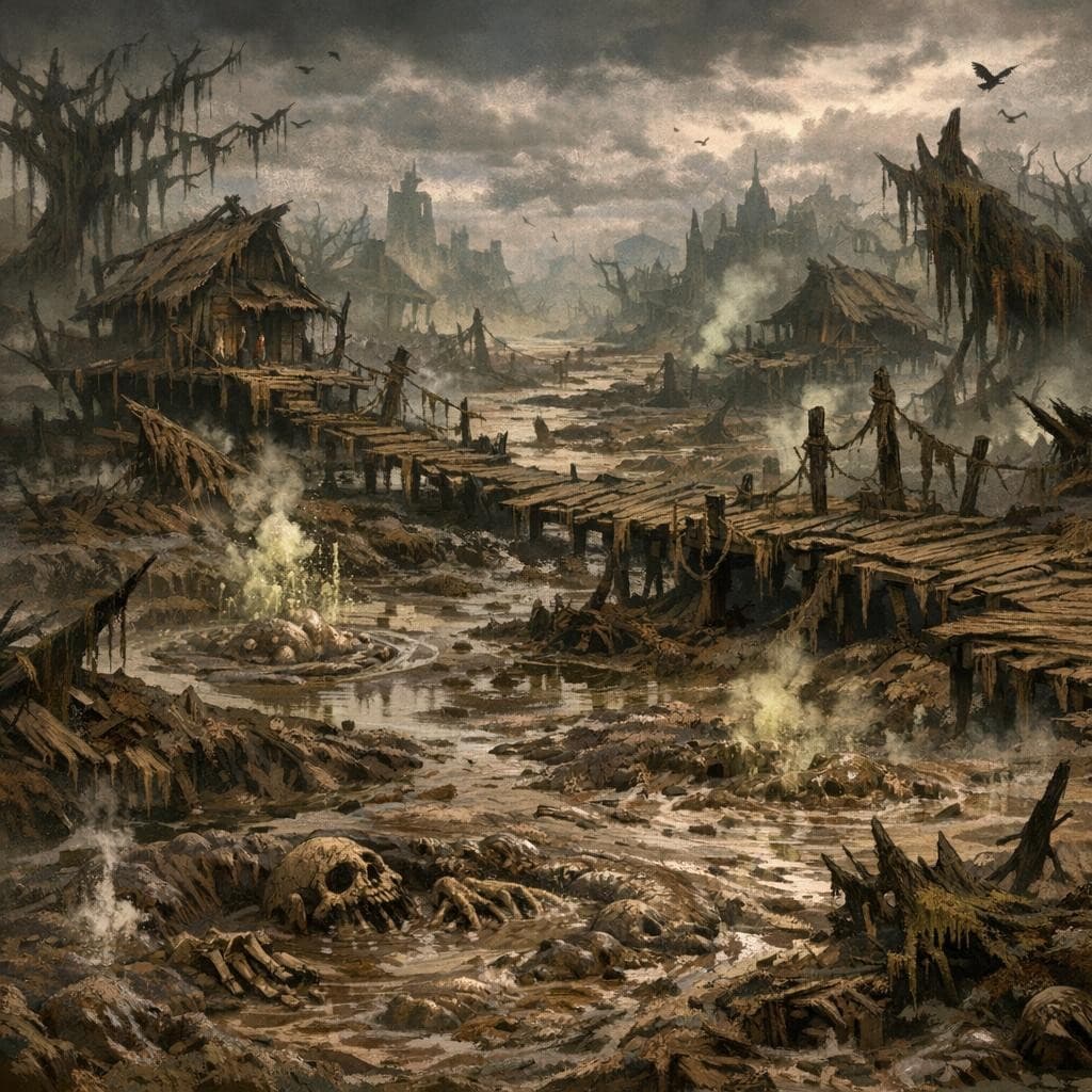 AI generated: Create a unique environment/Biome of a Mud → The Sinking Boglands

