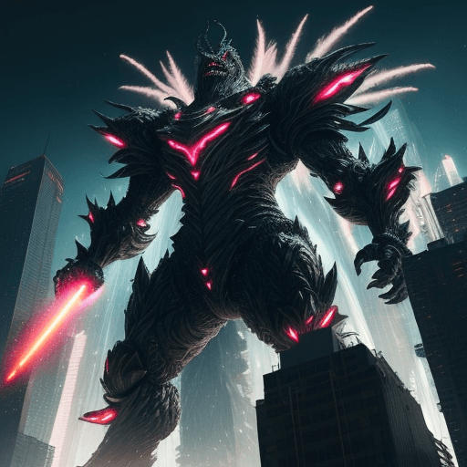 AI generated: high ground angle shot, skyscrappers on low ground, a angry screaming King Kong Godzilla, futuristic...