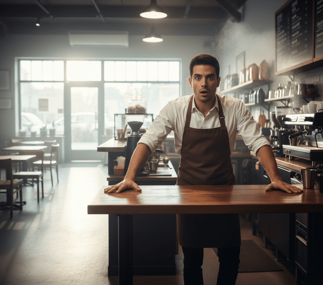 AI generated: At a coffee shop. There are no customers. It's dawning light. The Hispanic male barista is behind th...