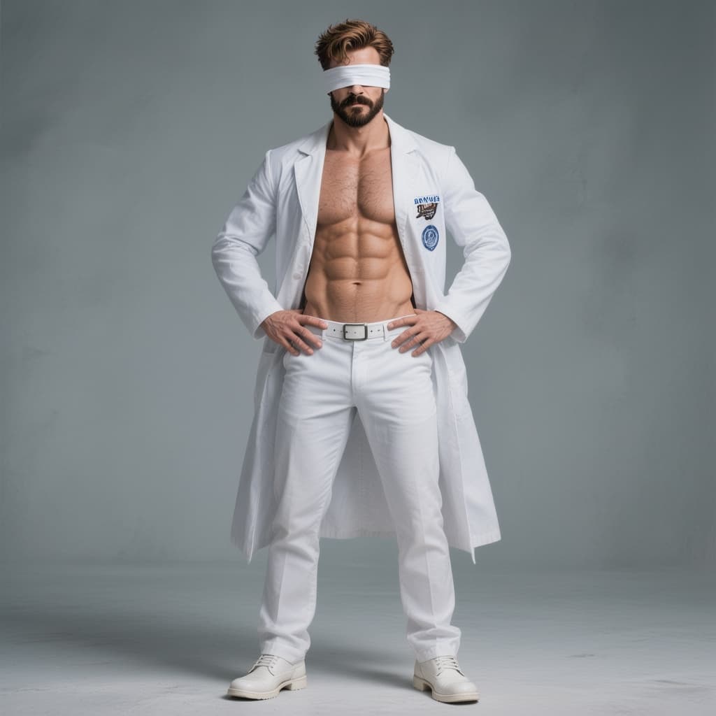 AI generated: an attractive muscle man with the power to redirect any power wearing a white coat with a white band...