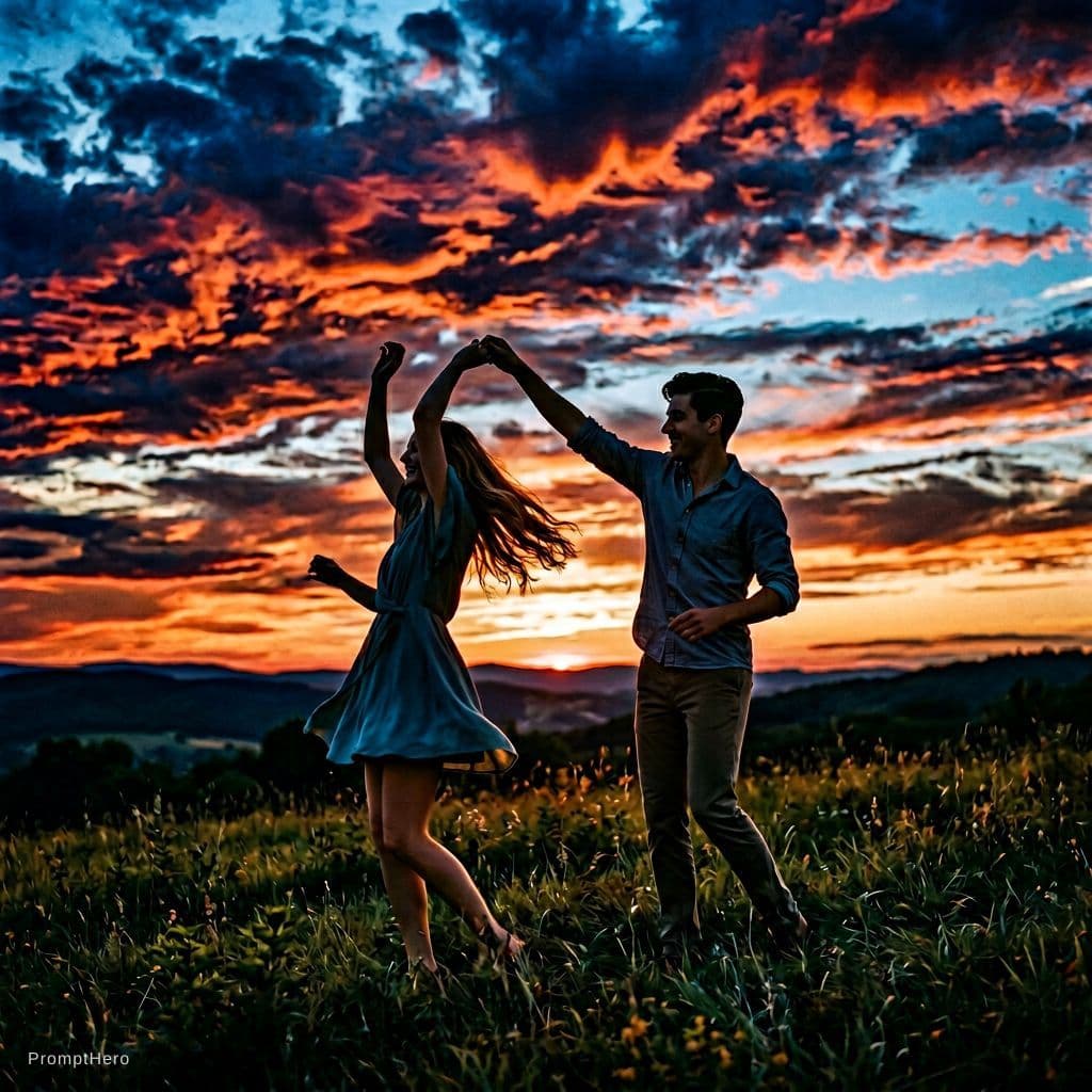 AI generated: A young couple is silhouetted against a vibrant sunset, dancing joyfully in the center of the frame....