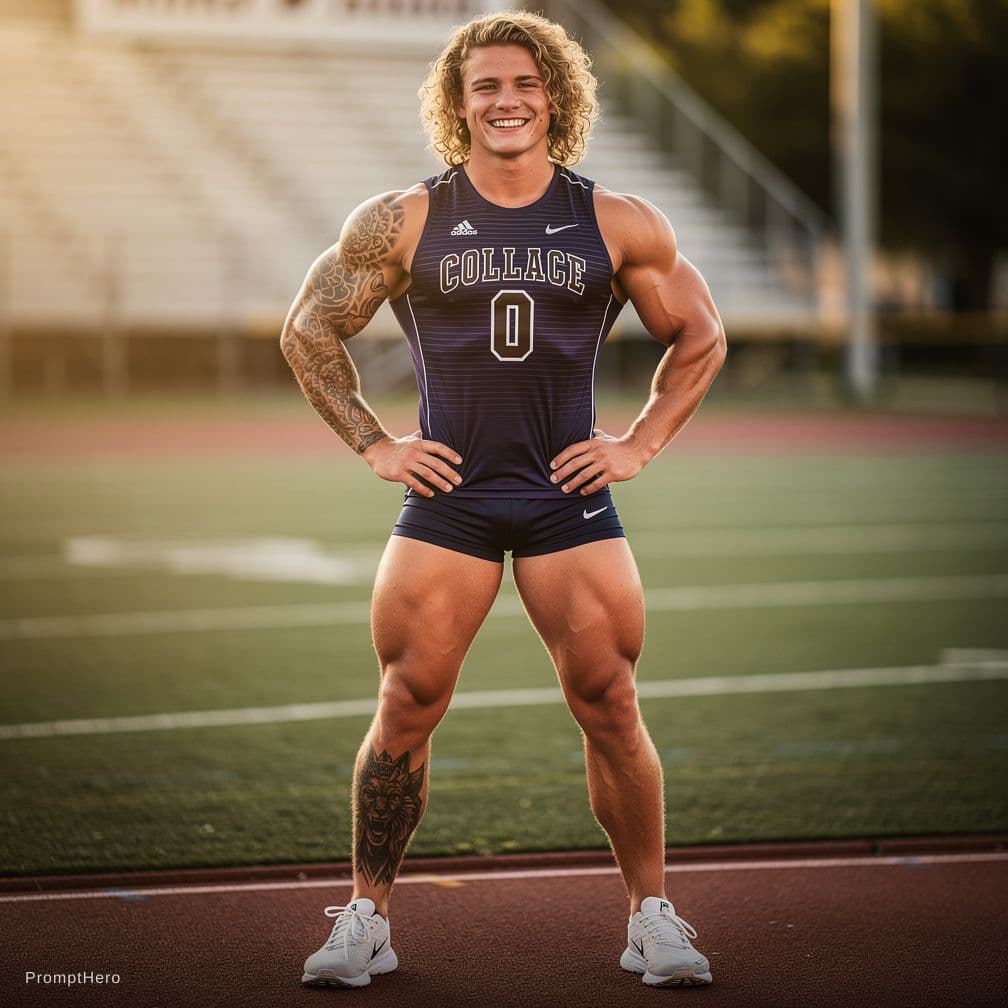 AI generated: Sexy young nude College sports jock, chiseled jaw, round face, crooked smile, curly blonde shoulder ...