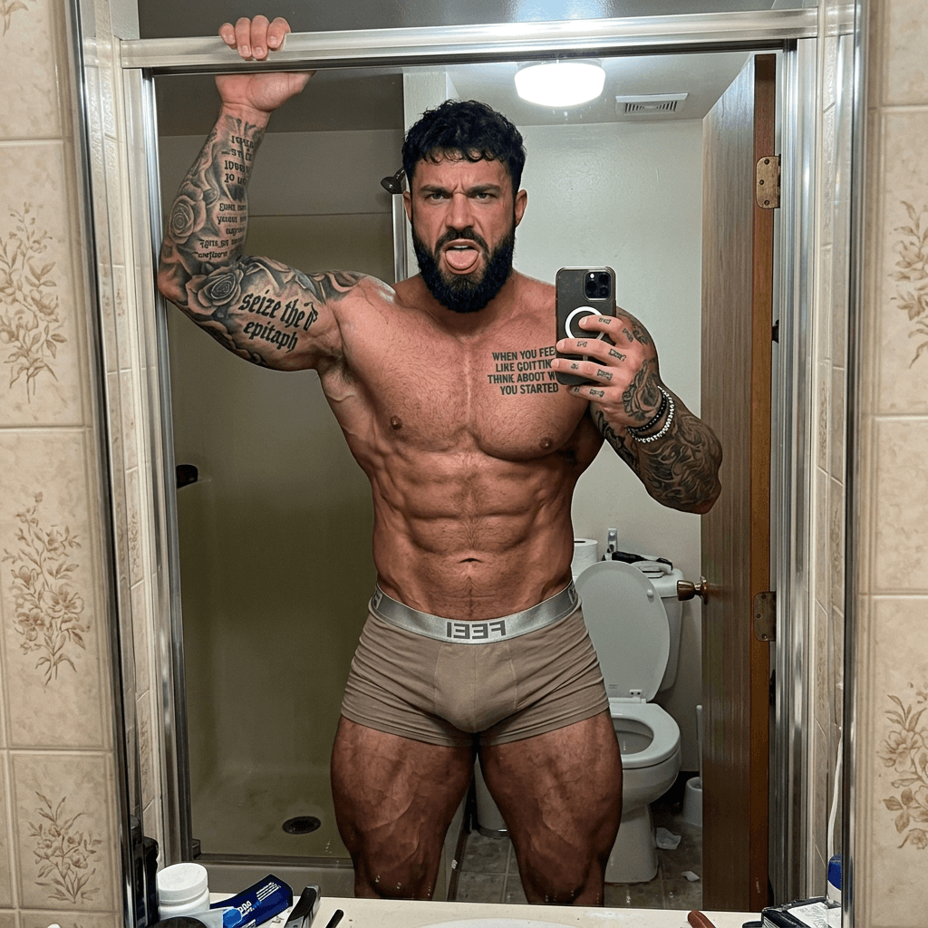 AI generated: Hyper-réaliste selfie photographique d'un homme musclé blanc d'environ 25-30 ans, physique bodybuild...