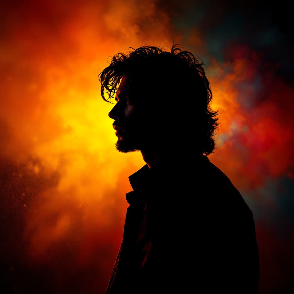 AI generated: photography, portrait. power of contrast, man model profile full body angle, silhouette of a vibrant...