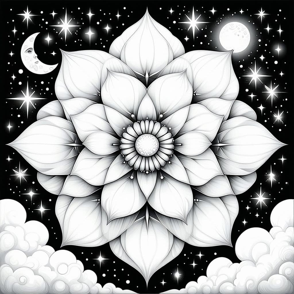 AI generated: Create a mandala featuring a blooming flower in the center, surrounded by intricate patterns of star...