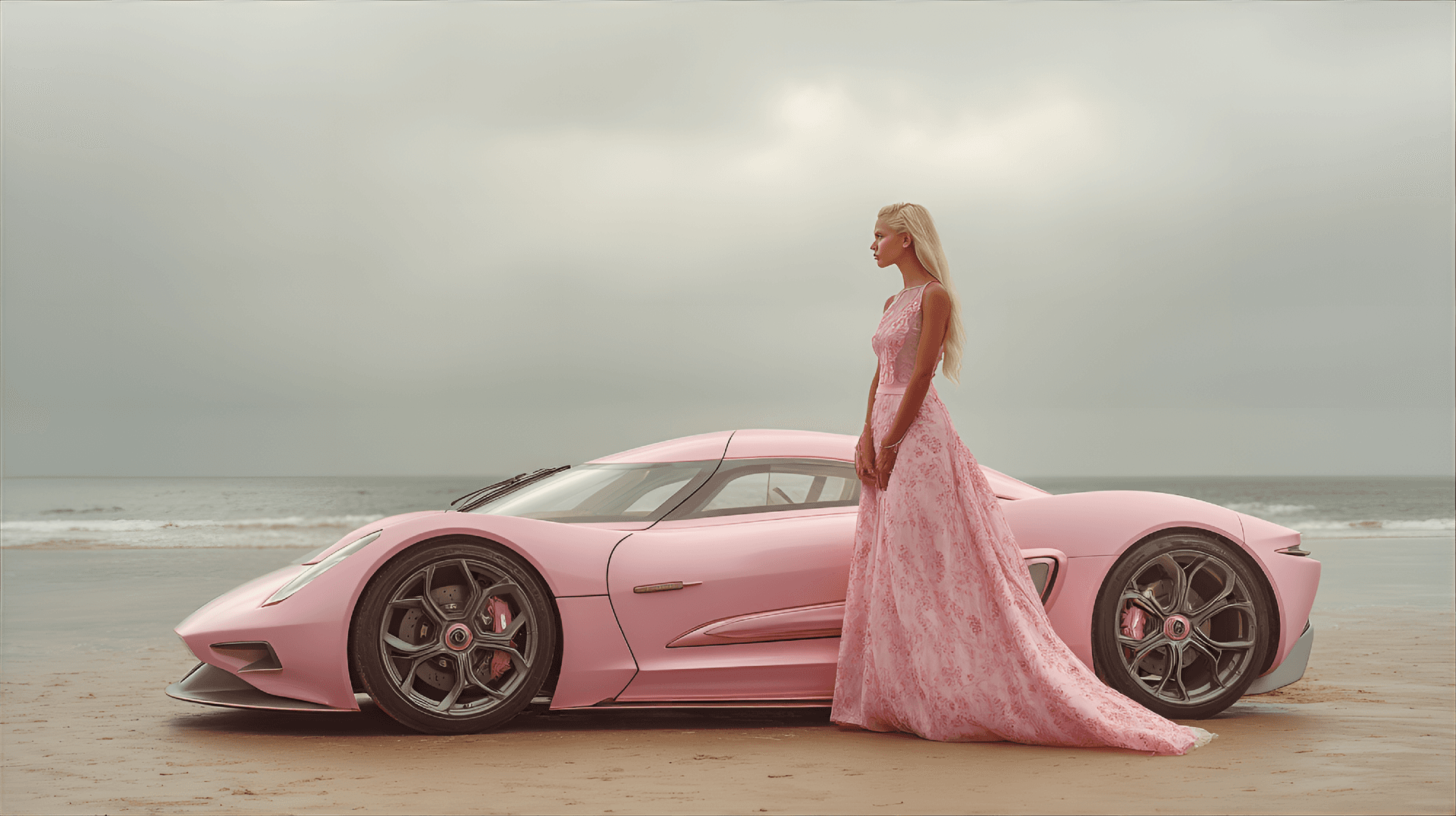 AI generated: fashion photography, feminine supercar design, graceful curves and lines, flowing, delicate, pink, b...