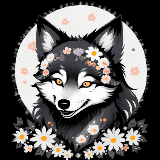 AI generated: lovely cute floral wolf looking cute and funny smiling, painting, illustration, very black backgroun...