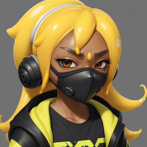AI generated: splatoon, inkling, dark skin, visor, yellow hair, mindless, face mask, spiral, enlarged proportions