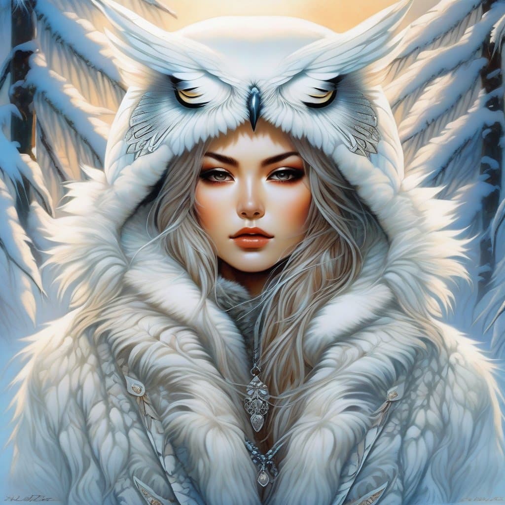 AI generated: A portrait of a female Winter Wildling, white owl, thick fur pelt winter coat, cinematic themes of f...