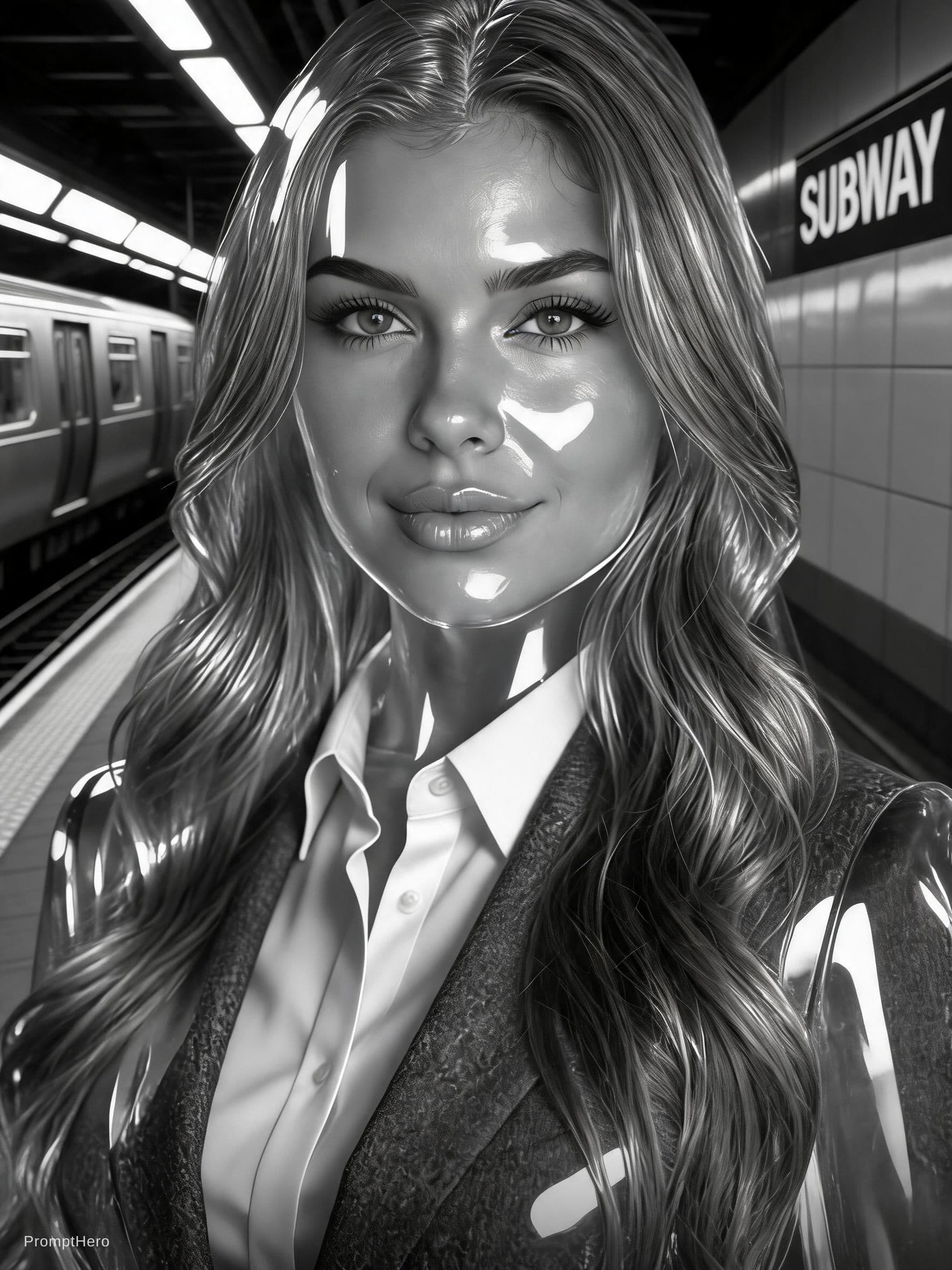AI generated: a woman with long hair in a subway station, in the style of black and white imagery, gritty hollywoo...