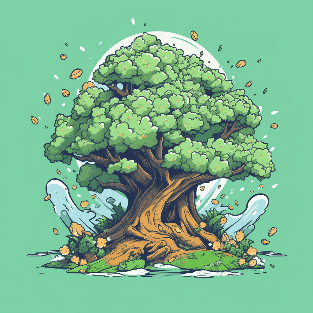 AI generated: UI/UX, dribble, A flat illustration of a tree blooming with a whimsical atmosphere, Chromatic Abbera...