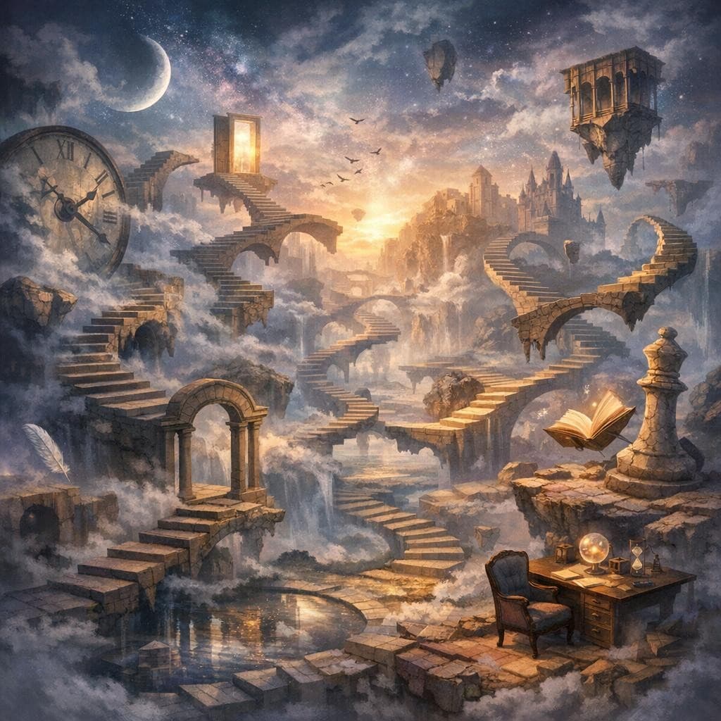 AI generated: Create a unique environment/Biome of a Mind → The Dream Labyrinth (constantly shifting mental landsc...