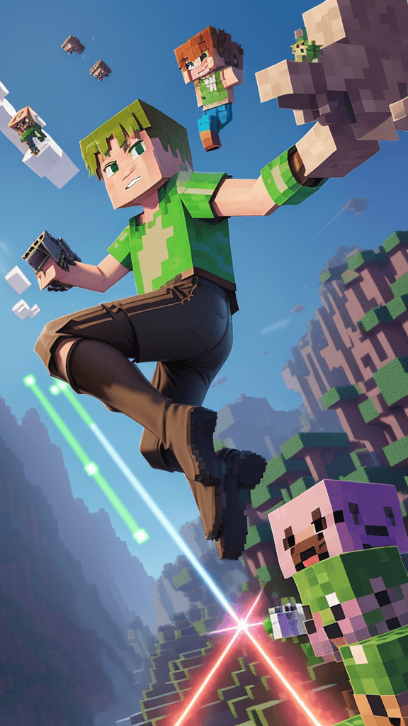 AI generated: (style: minecraft)(character: boy)(action: jumping)(action: shooting a laser gun)(action: feet of th...