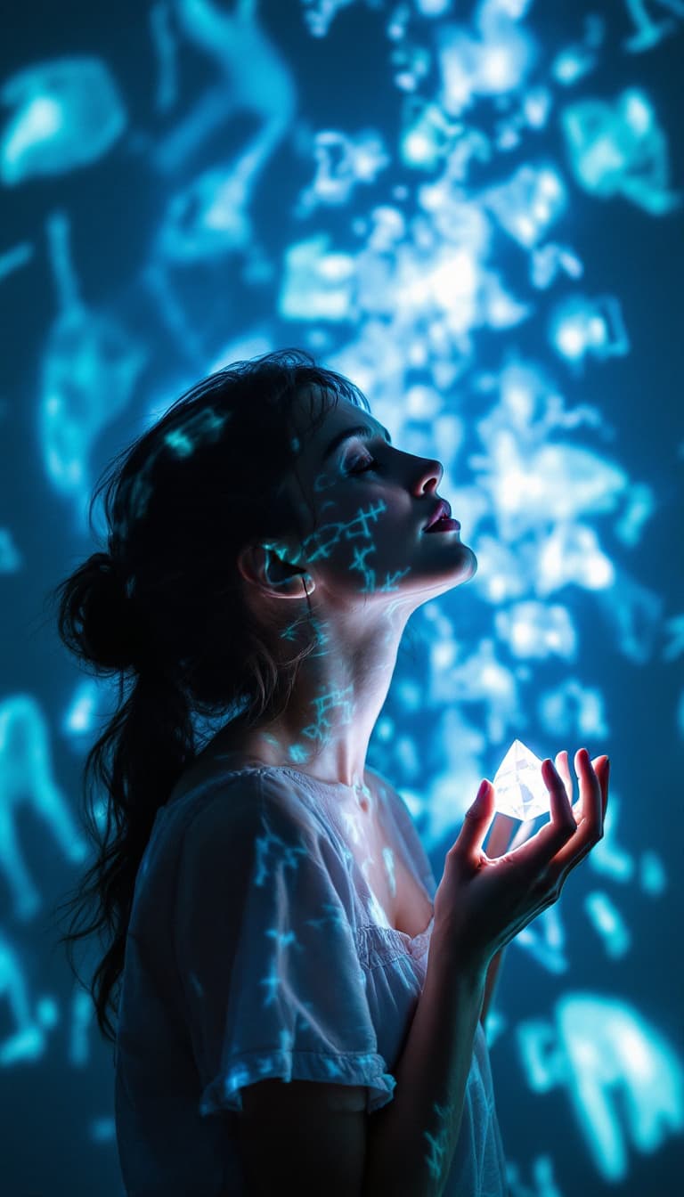 AI generated: Kinetic Light Art, Moving Light Patterns, Projected Forms, Dynamic, Woman Holding a Prism Projecting...