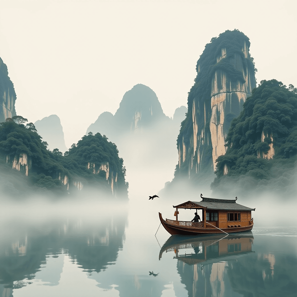AI generated: Die Karstberge von Guilin in China, in dichten Nebel gehÃ¼llt, mit einem einsamen Fischer auf einem ...
