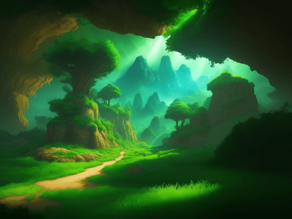 AI generated: landscape, green, 80s video game theme, adventure, light