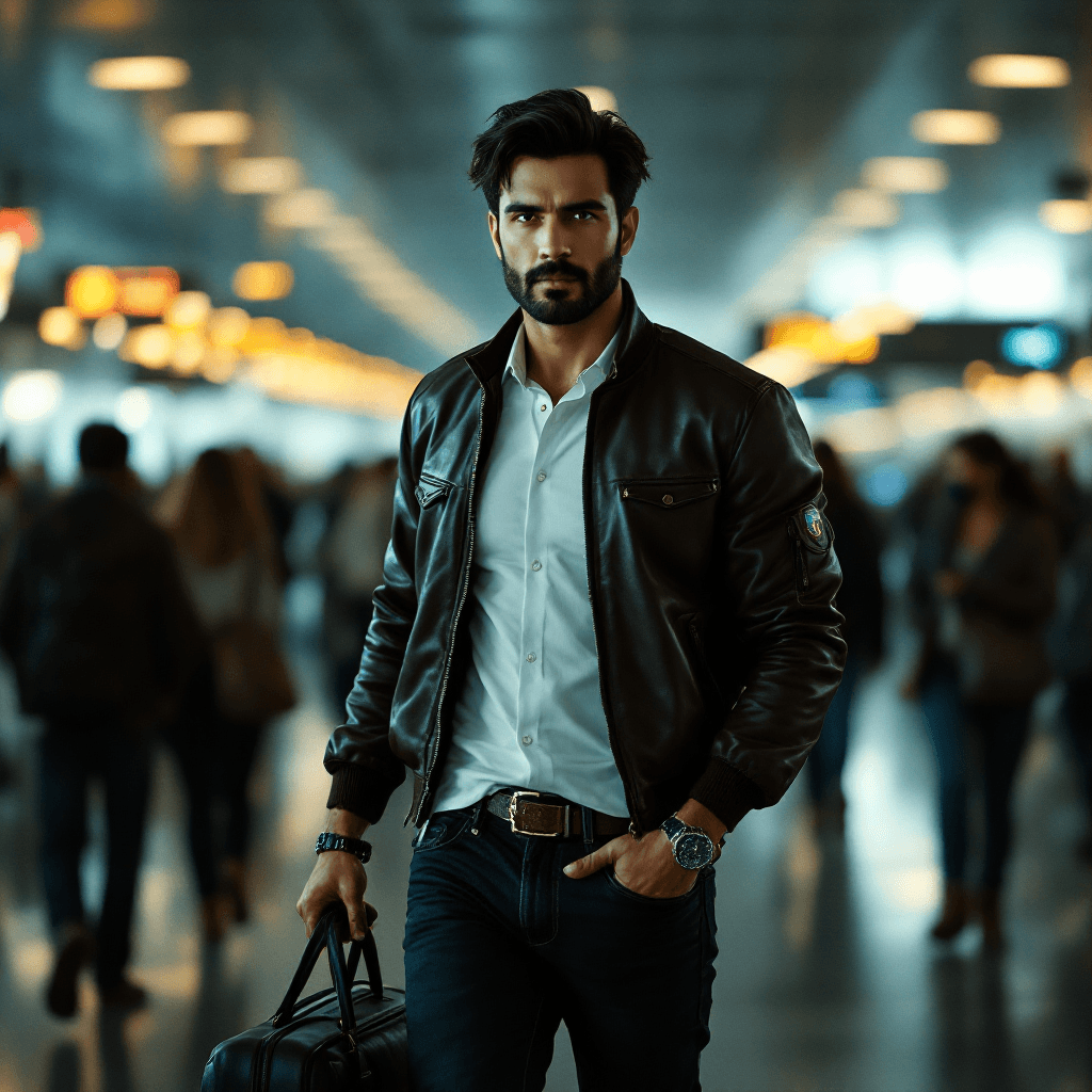 AI generated: A determined Indian pilot with a fit physique and sharp features stands amidst a bustling airport te...