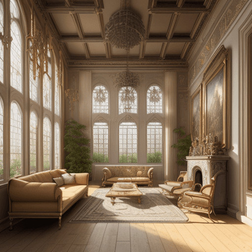 AI generated: High resolution photography interior design, dreamy castle interior living room, wooden floor, small...