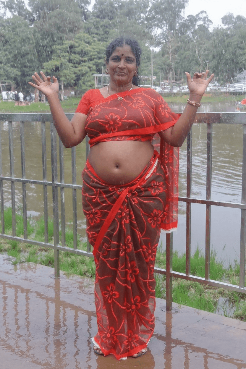 AI generated: Create indian lady wearing red latex transparent saree, bare belly, in rain her body type is curvy w...