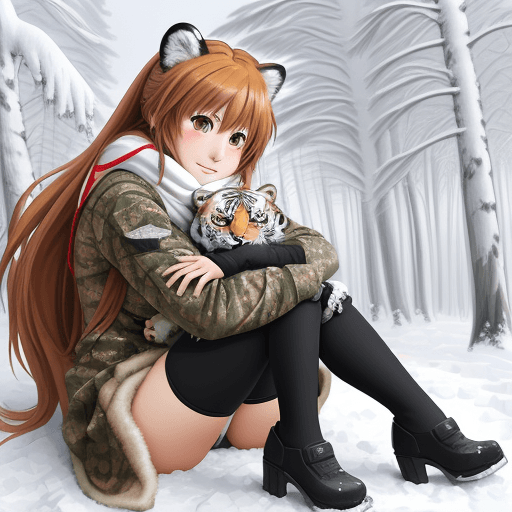 AI generated: taiga aisaka, anime, sit in snowy camouflage riding tank and hug herself, winter red school uniform,...