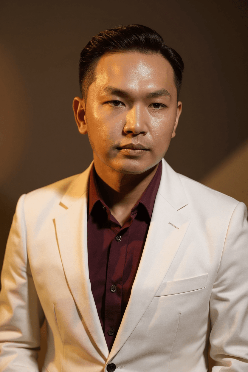 AI generated: photograph, the men, wearing a modern business white suit with burgundy color shirt, upper body, dep...