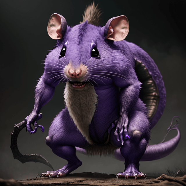 AI generated: front view of a prehistoric, wild, ugly, scary, giant violet rat, standing , 8k