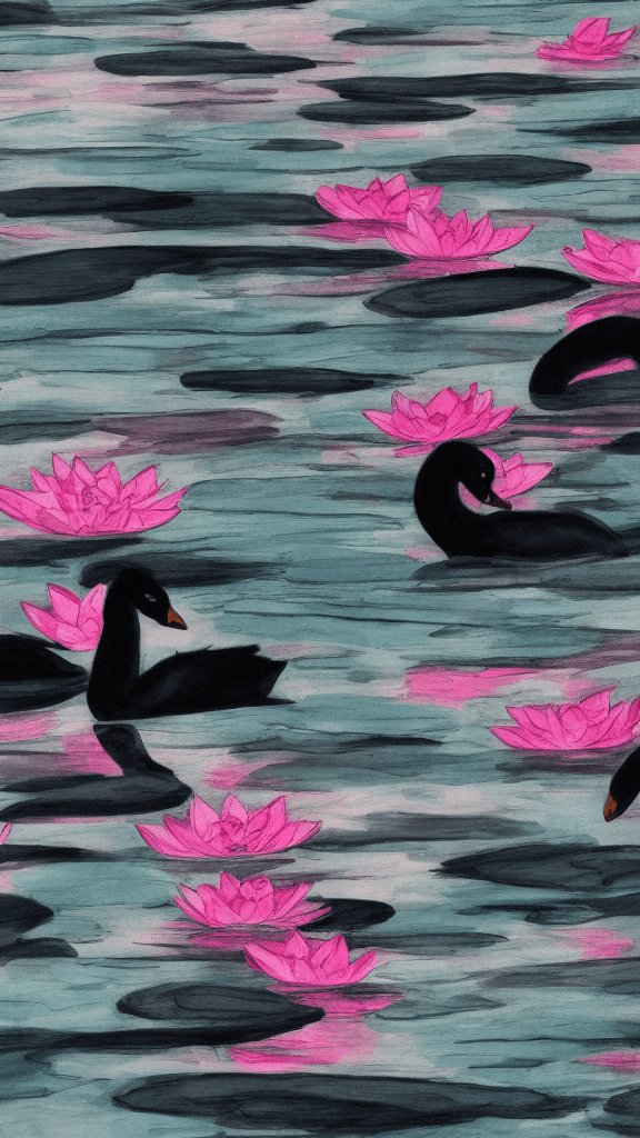 AI generated: Night, two black swans, pink and white lotuses, bright moon reflected in the water, realism, high qu...