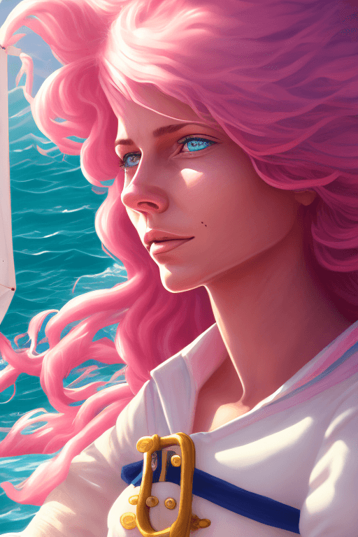 AI generated: A photo of a female sailor aboard a ship enjoying the seabreeze, medium wavy pink hair, sunny, Teres...