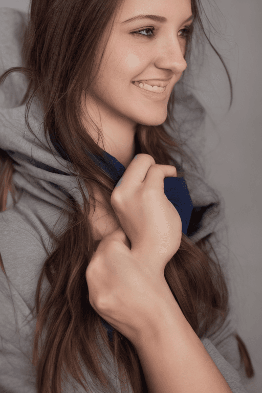 AI generated: gorgeous female wearing hoodie, (((bent over))), downblouse, smile, extended downblouse, attractive,...